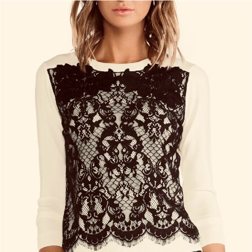 Diane Von Furstenberg Cream & Black Lace Pullover Sweater Size Medium